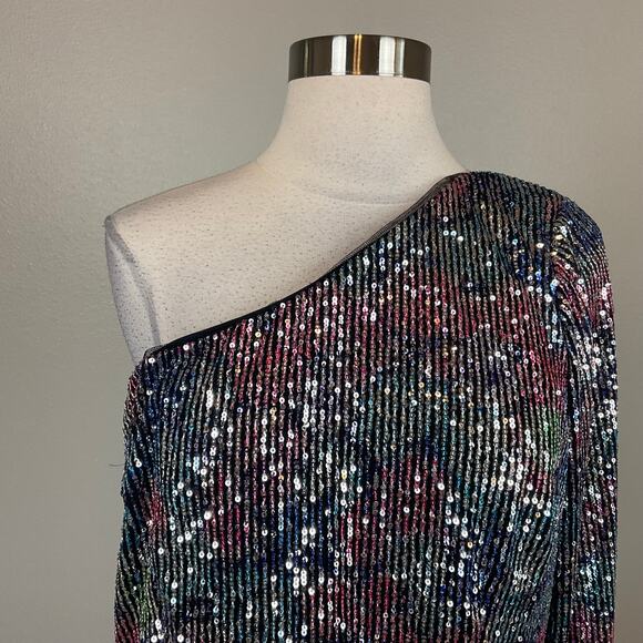 Aidan Mattox Colorful Sequin One Shoulder Mini Sheath Cocktail Dress Blue SZ 12 - Picture 7 of 14